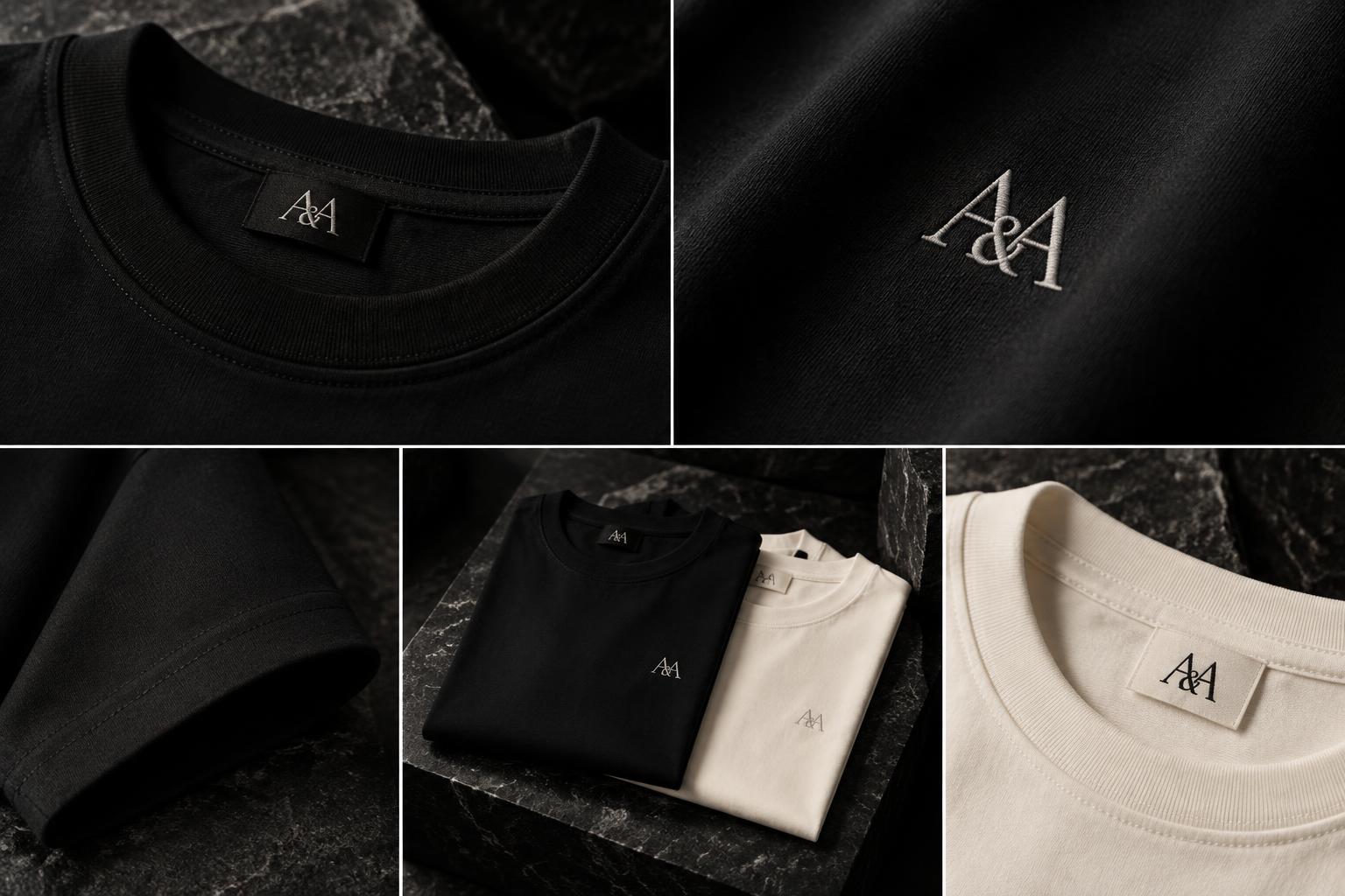 Black A & A T-shirt with silver monogram embroidery