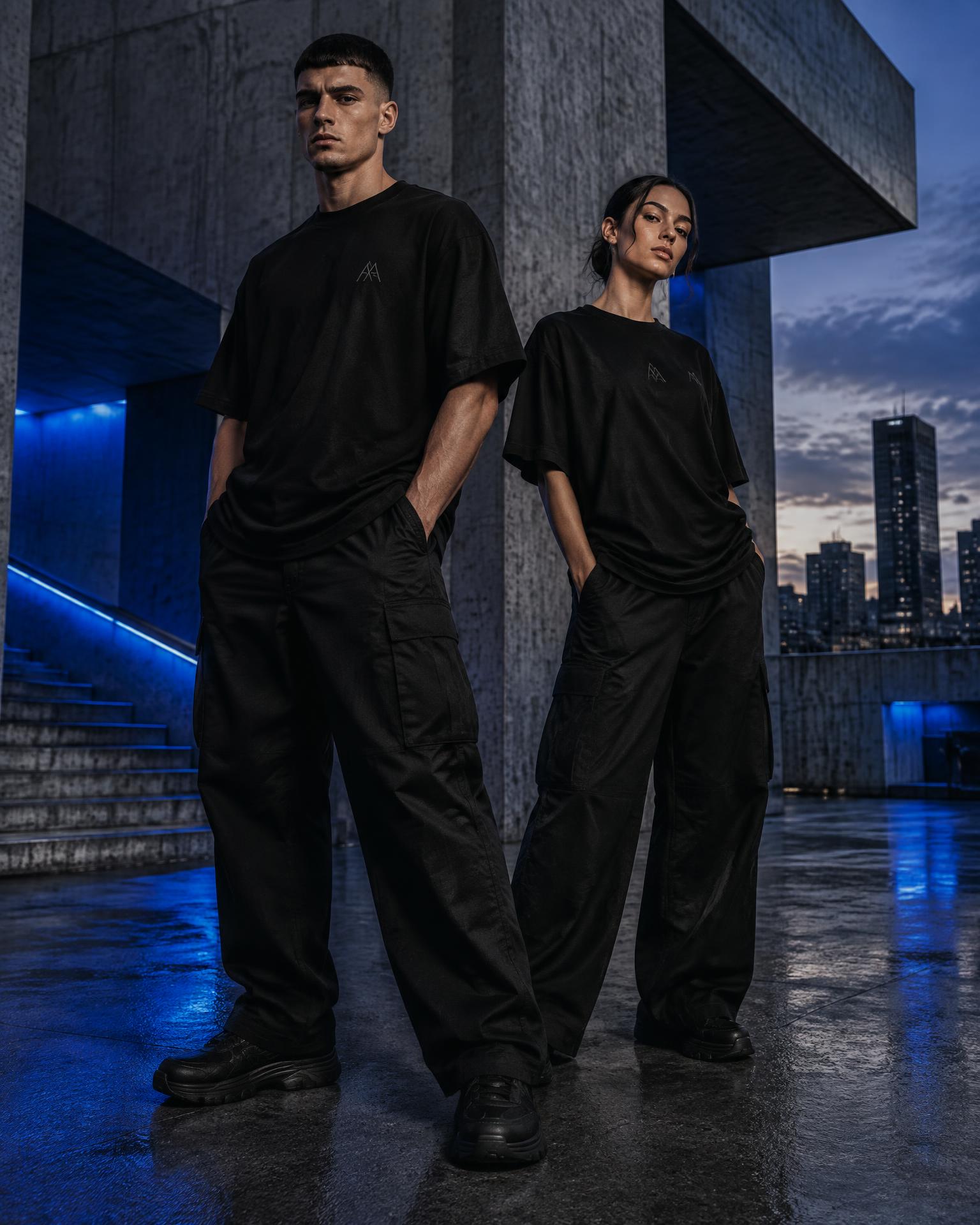 Models wearing black A & A T-shirts in a brutalist city setting